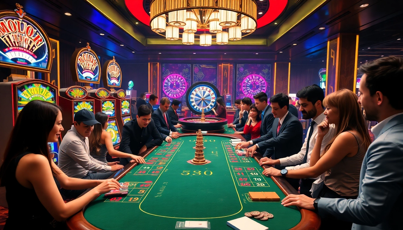 Engaged gamblers placing bets at a vibrant HB88 link casino table filled with excitement.