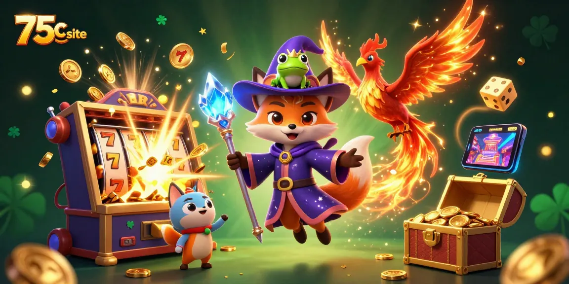 Experience the excitement of the 75c site with a magical casino-themed 3D illustration featuring a wizard, phoenix, and a treasure chest.