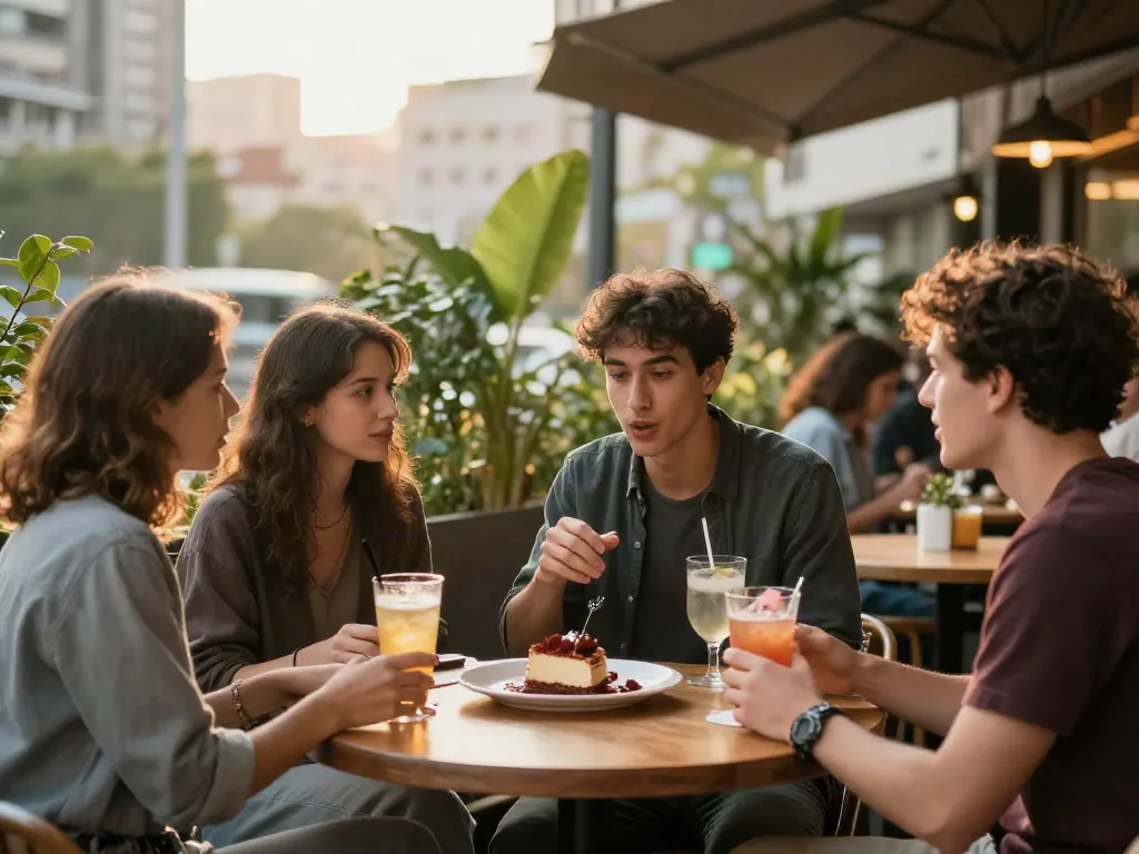 Friends enjoying drinks and dessert while discussing rokok88 at a stylish urban café.