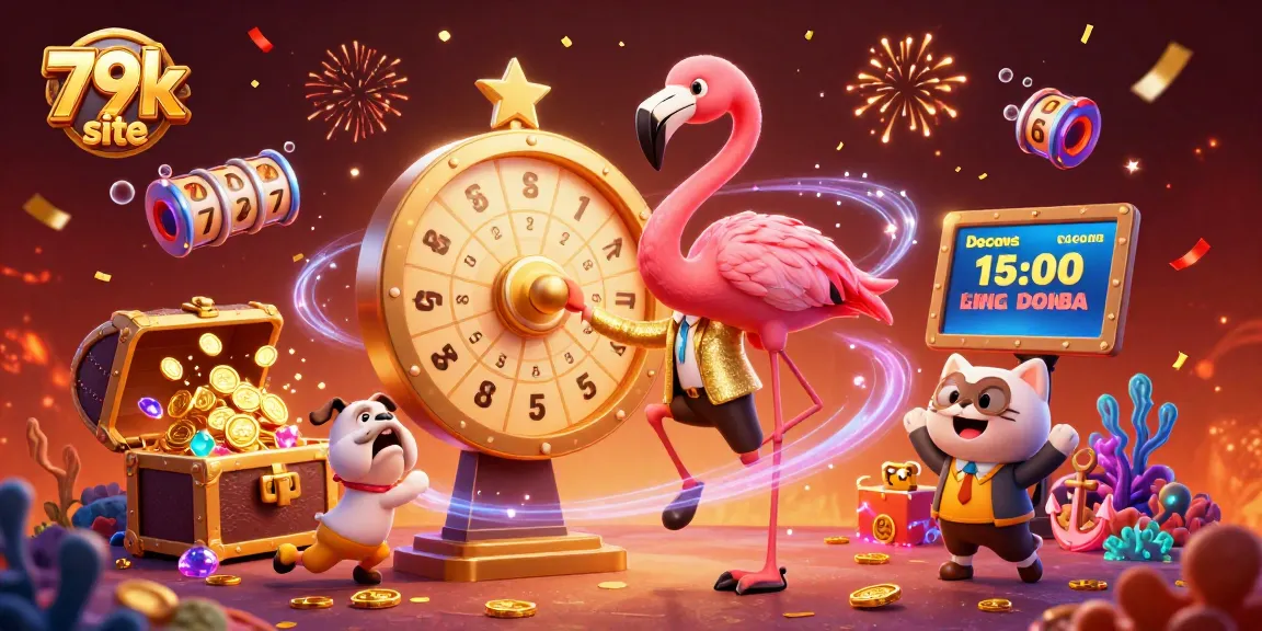 Spin the giant prize wheel on the 79k site with a cartoon flamingo host and excited contestant.