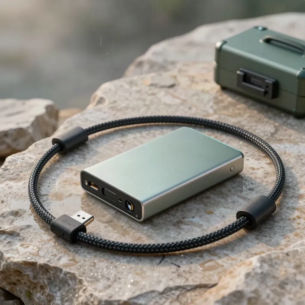 Discos rígidos externos e cabos USB-C sobre pedra molhada, com névoa e luz azulada.