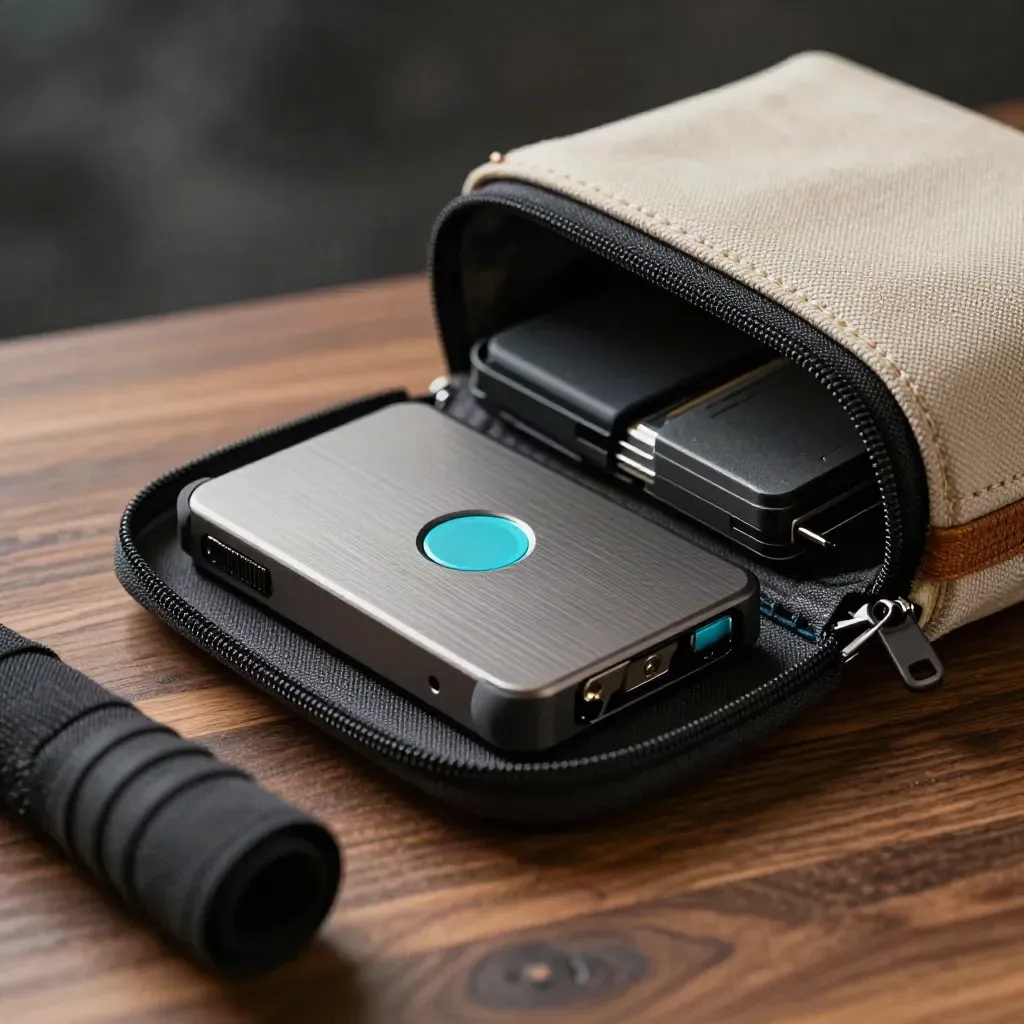 Kit de entrega digital com SSD, cabos e estojo aberto em luz dramática.