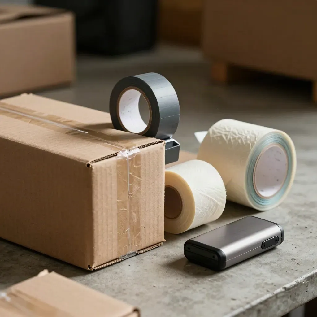 Kit de expedição com caixa, fita, papel de enchimento e drive portátil.