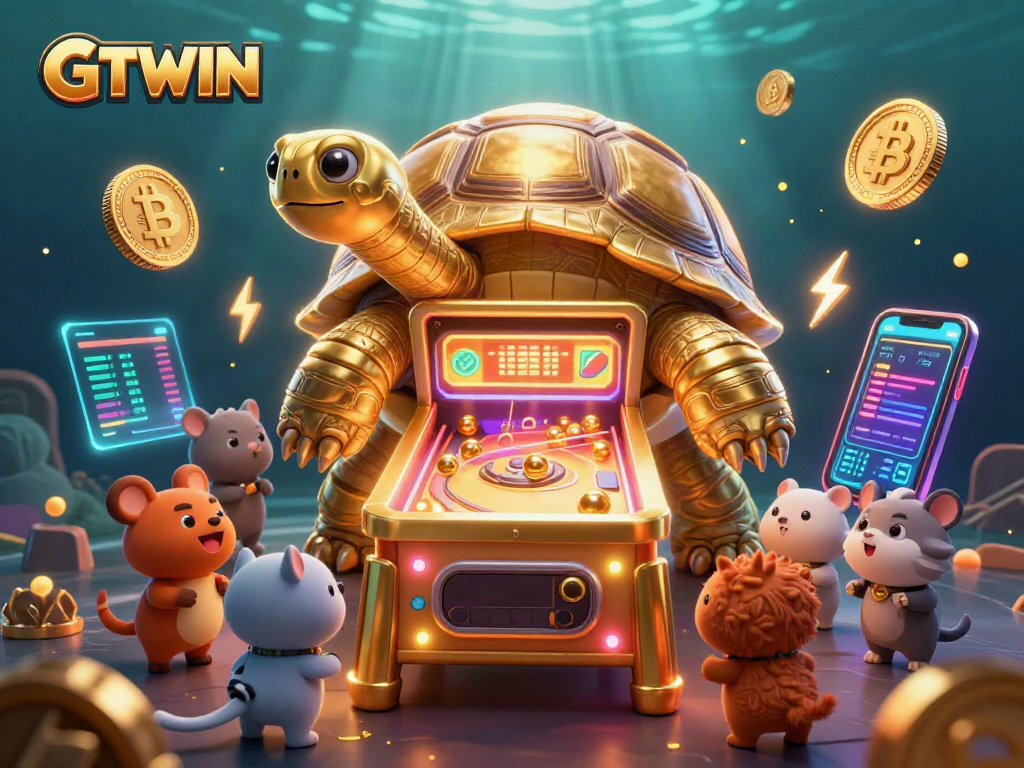Spin, win, and enjoy gaming with GTWIN in a dynamic casino-themed 3D illustration.
