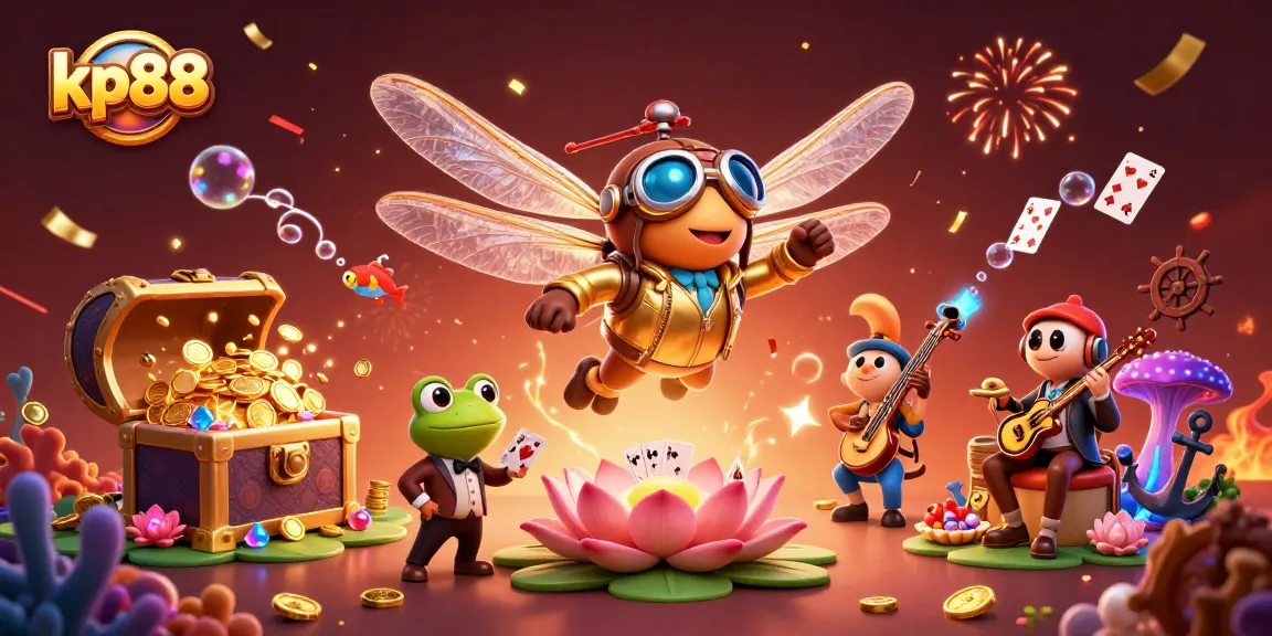 Kp88 offers thrilling gaming with a vibrant 3D scene of a dragonfly pilot and frog croupier.