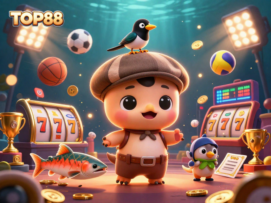 TOP88 engages players with vibrant cartoon characters and exciting casino gaming elements.