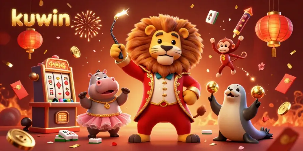 Kuwin offers an exciting 3D circus-themed casino scene featuring lively characters and vibrant gaming elements.