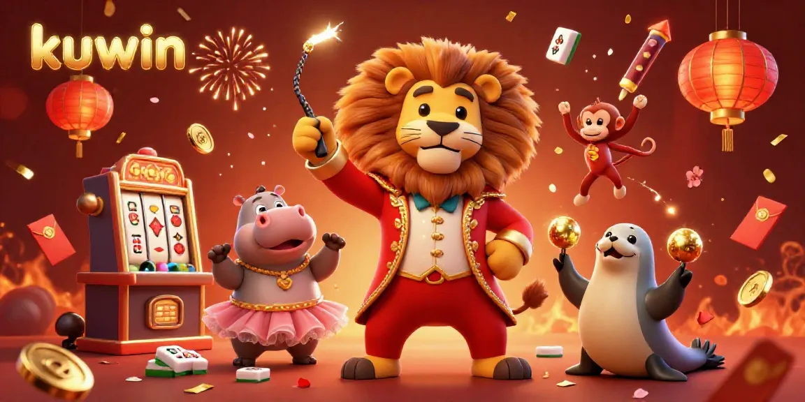 Kuwin offers an exciting 3D circus-themed casino scene featuring lively characters and vibrant gaming elements.