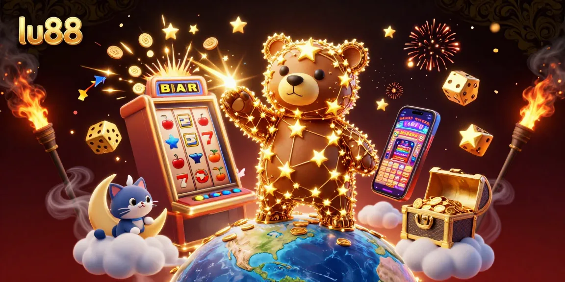 lu88 casino illustration with constellation bear, slot machines, and vibrant gold coins