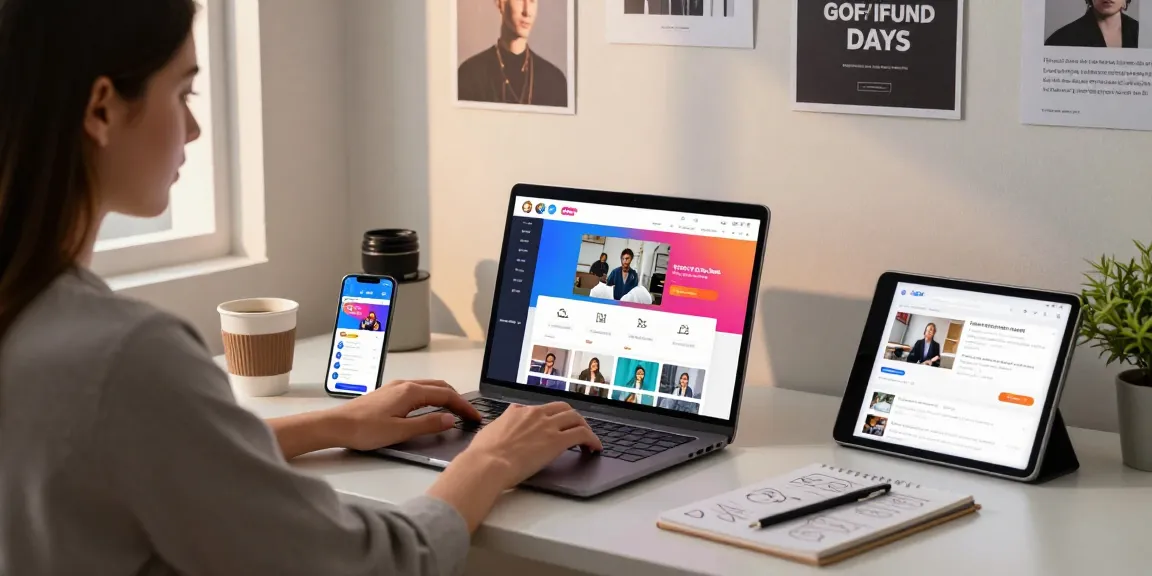 app para baixar vídeos em um ambiente de trabalho moderno com uma mulher usando laptop.