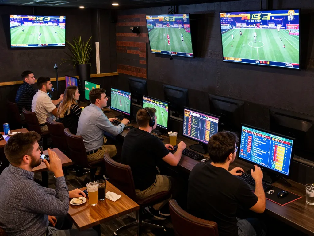 X333 sports betting enthusiasts engaging in live wagering with multiple screens displaying real-time odds in an upscale bar atmosphere.