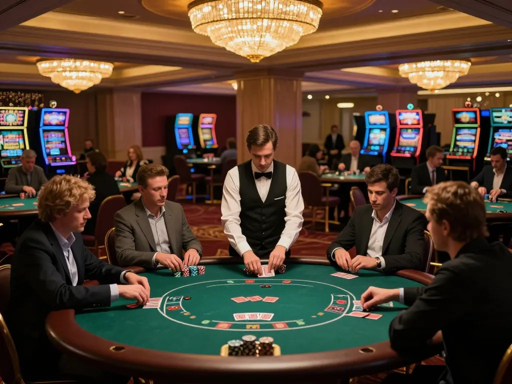 Players engaging at a green felt poker table, showcasing 888NEW's vibrant casino atmosphere and gaming excitement