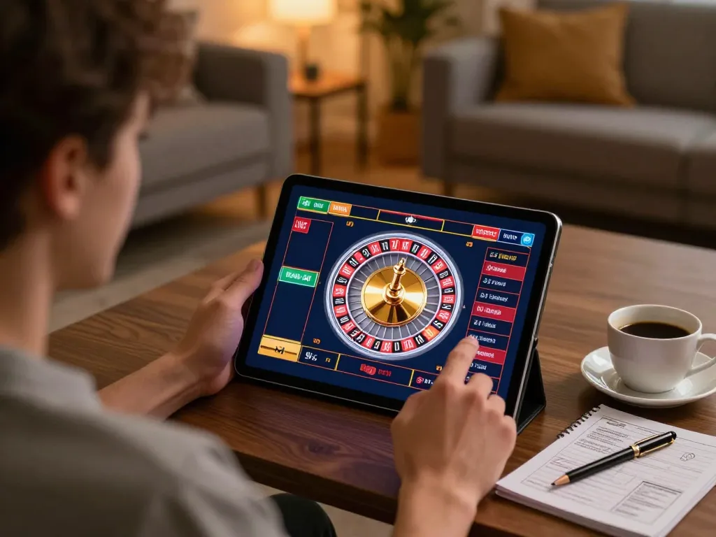 Engaging user at home playing roulette on https://rikvip09.com/ with vibrant atmosphere and cozy setting