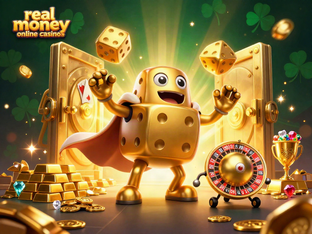 Experience exciting gameplay in real money online casinos with golden dice, gems, and treasure!