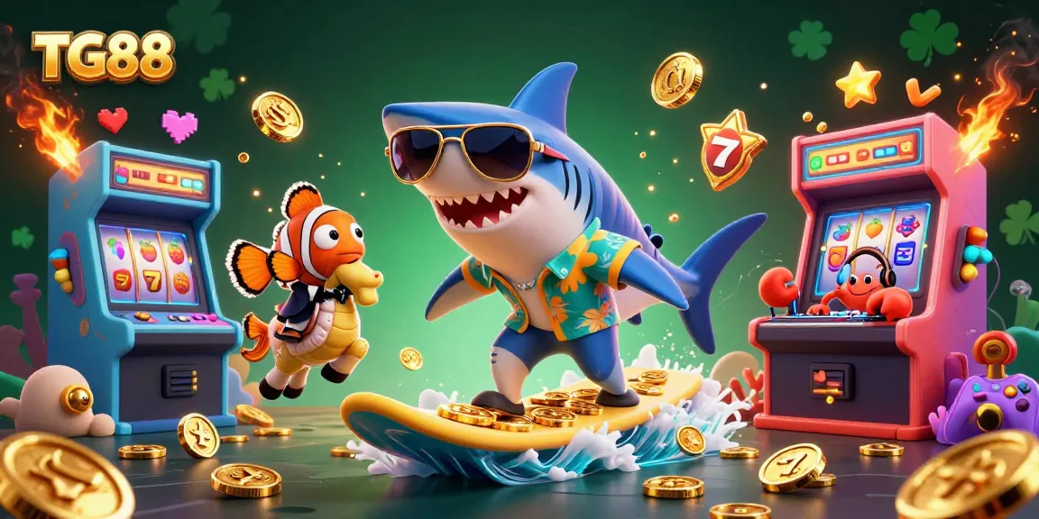 Engage in the vibrant world of TG88 with cartoon characters celebrating on gold coins, gaming machines, and excitement.