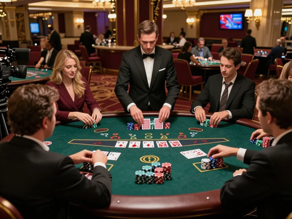 Engaging blackjack session at a luxury casino showcasing hytw3339 players strategizing their bets with chips.