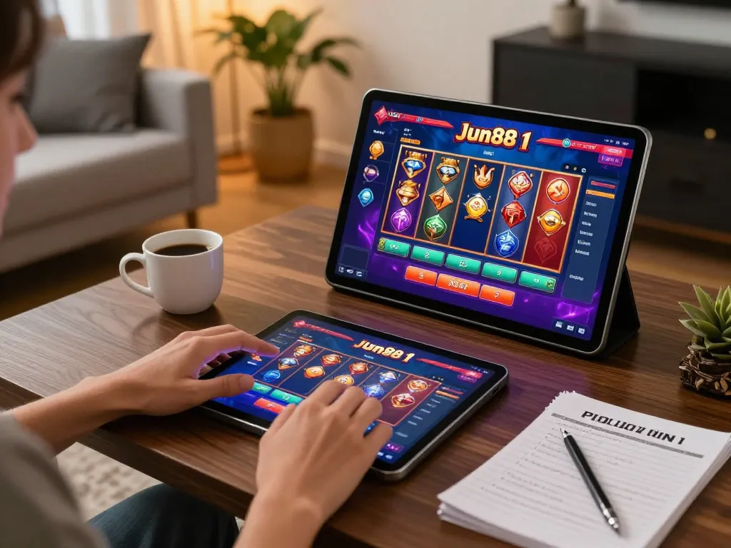 Person engaged in online gaming for Jun88 phiên bản 1 on a tablet, showcasing various betting options in a cozy home setting