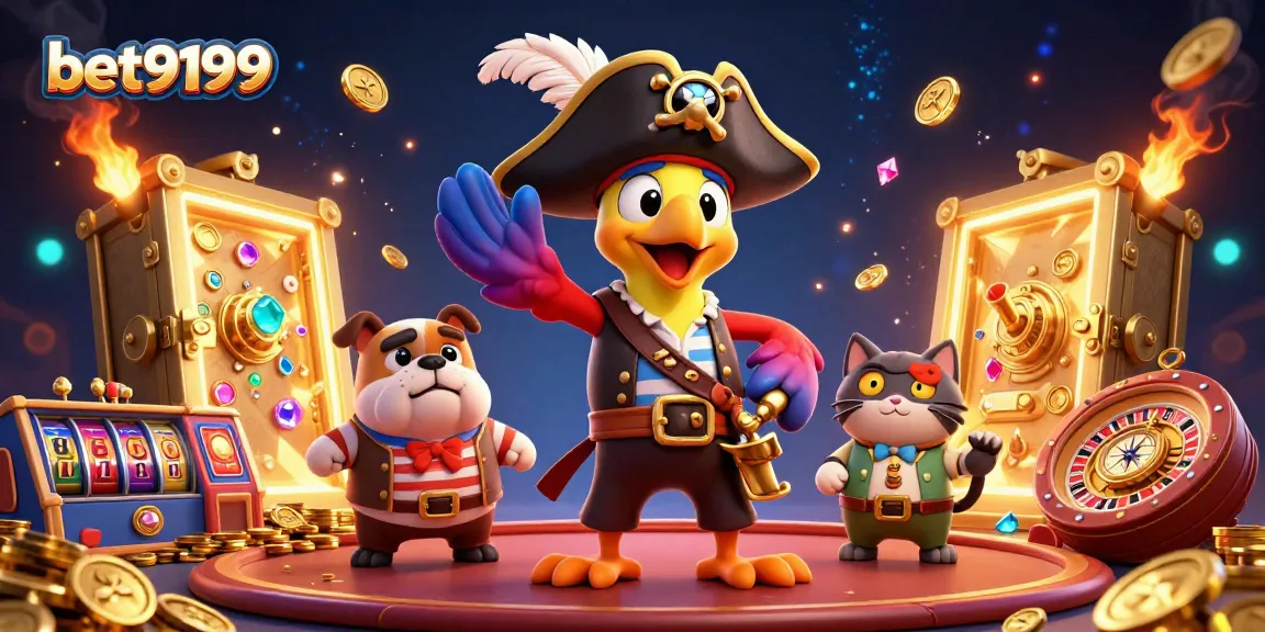 Experience thrilling casino excitement with bet9199's vibrant jackpot scene and energetic pirate characters.