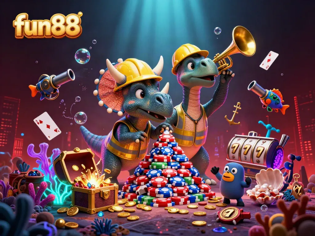 Join the fun88 excitement with a lively 3D scene of casino-themed characters and elements.