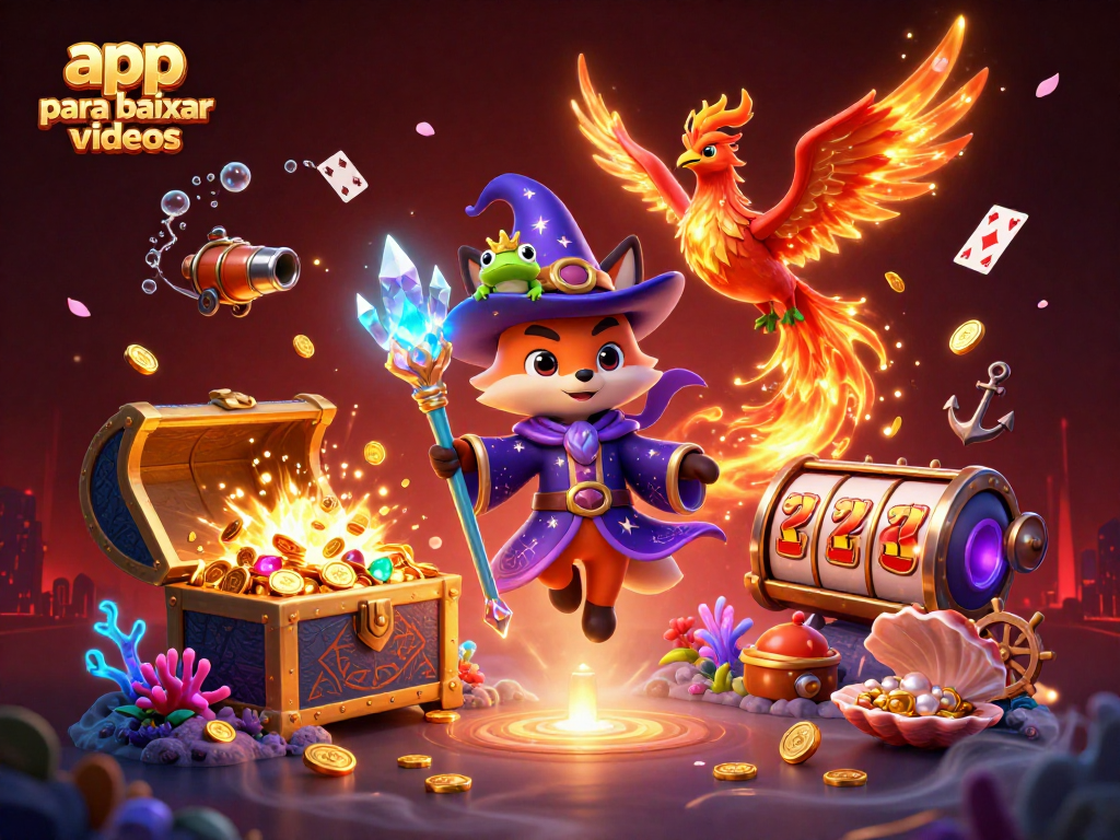 Enhance your experience with app para baixar videos, featuring a magical wizard fox, phoenix, and gold treasures.