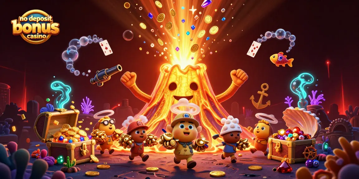 No deposit bonus casino with cartoon volcano and treasure in vibrant colors and dynamic scene.