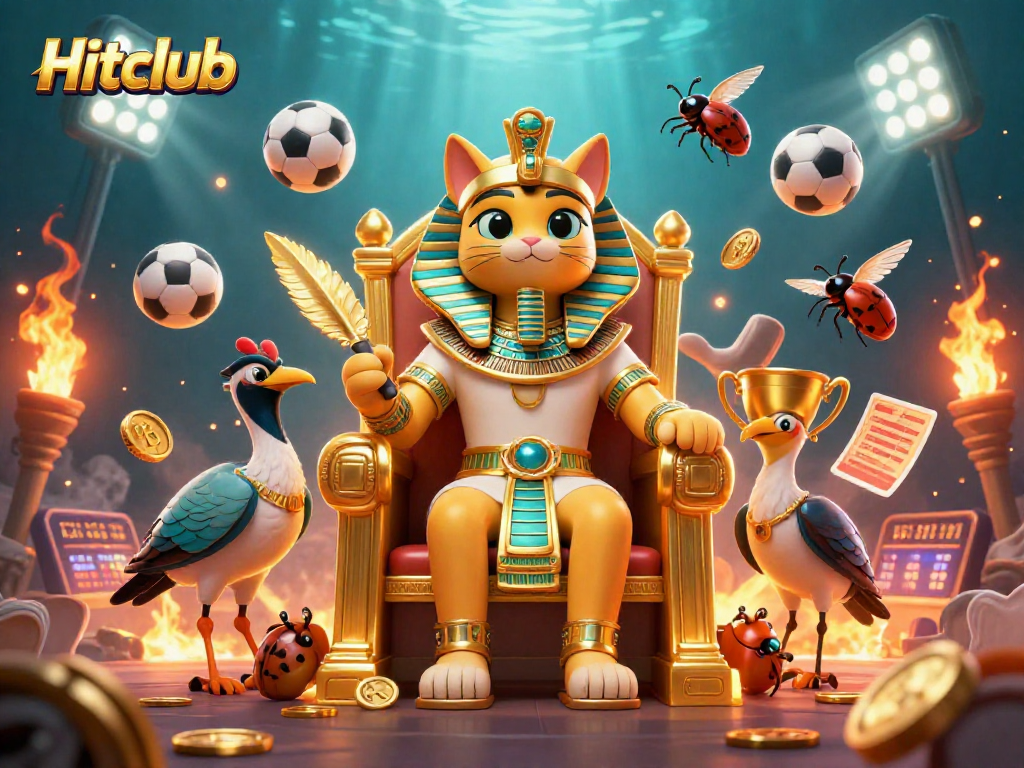 Bet on Hitclub with dynamic sports elements and an Egyptian pharaoh cat illustration.