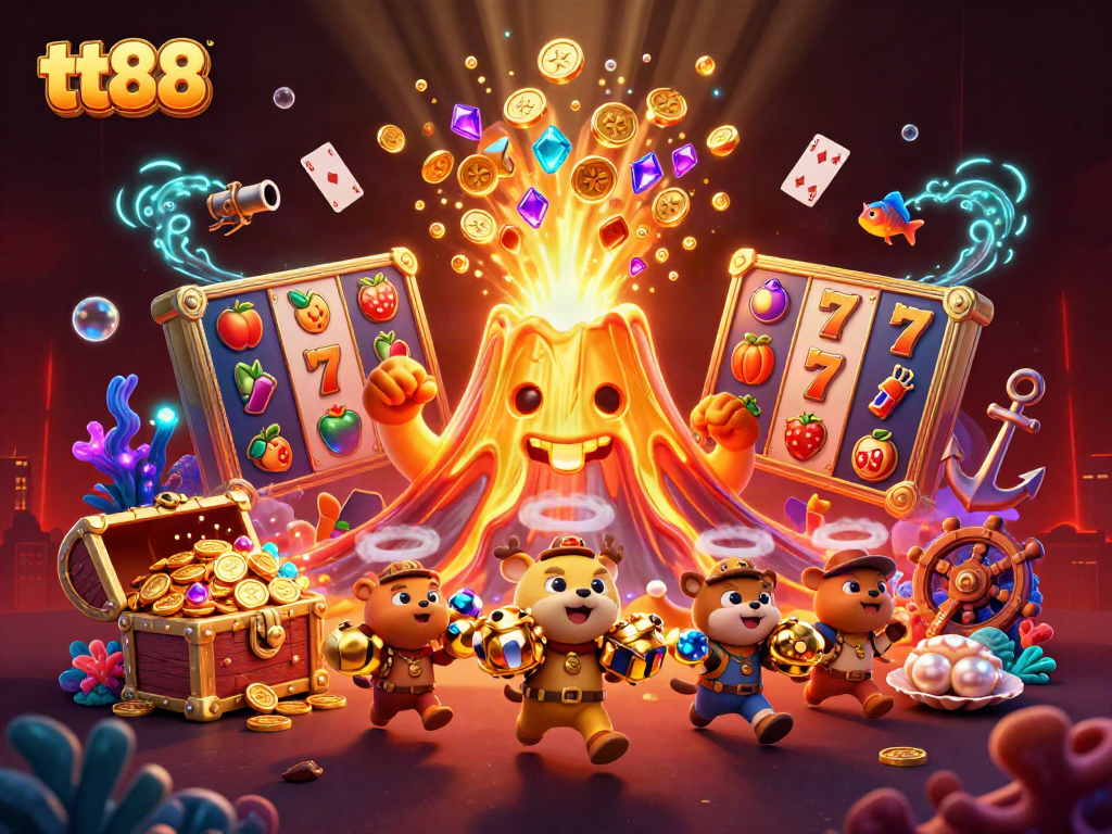 Engage with tt88's thrilling slot game scene featuring vibrant characters and dynamic treasures