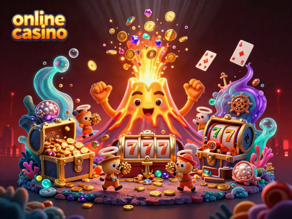 Experience excitement at the online casino with a 3D volcano erupting treasure and lively characters.