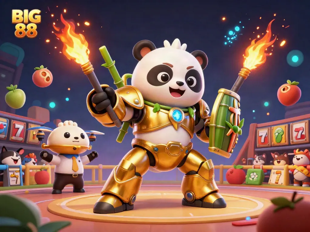 Engage in thrilling gameplay at BIG 88 with a dynamic panda robot scene surrounded by vibrant casino elements.