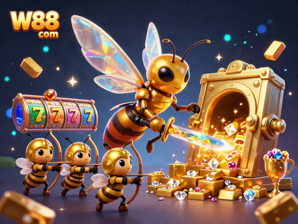 Experience the excitement of W88 com with dynamic gaming elements in a vibrant casino illustration.