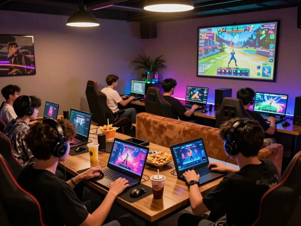 Players enjoying adult games in a lively, colorful gaming lounge.
