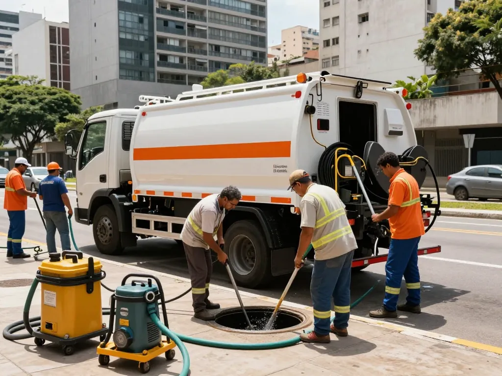 Limpa fossa em São Paulo with professional technicians using advanced equipment on a sunny day.