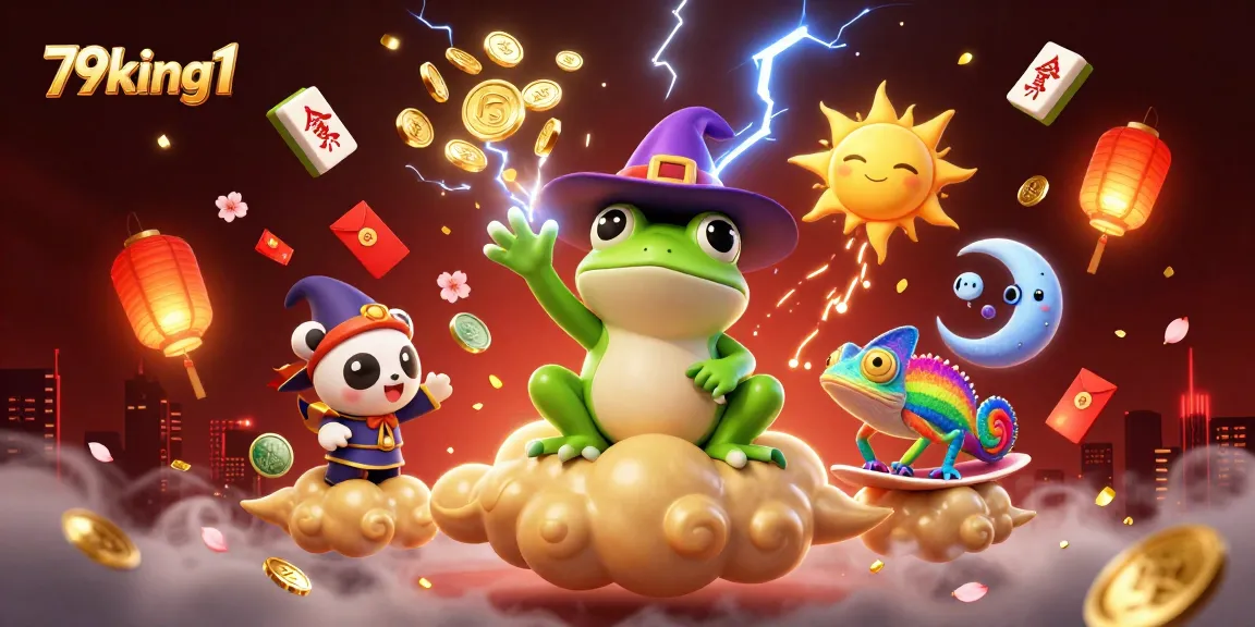 Engage in thrilling gaming with 79king1, featuring a wizard frog and chameleon amidst gold coins.