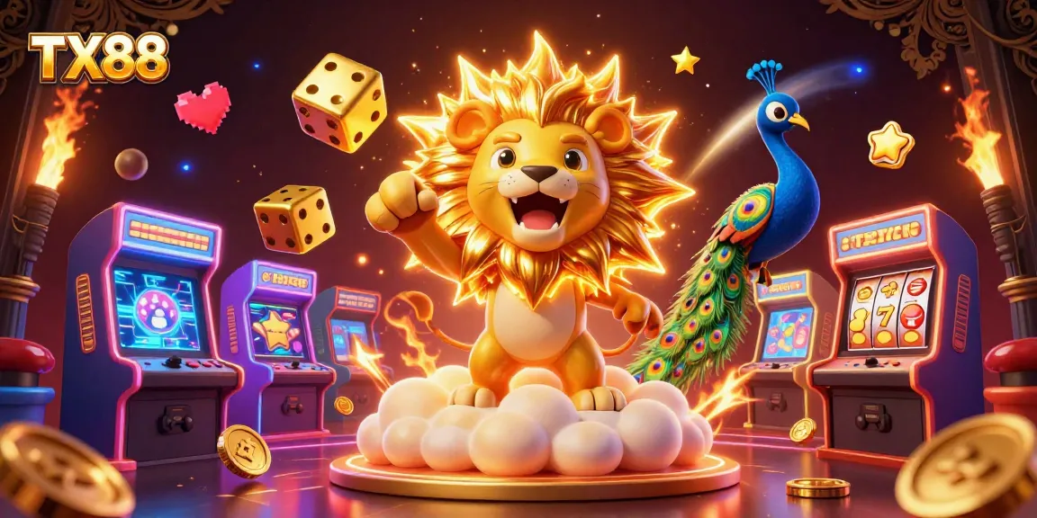 Experience the excitement of TX88 with a vibrant scene showcasing a roaring lion and golden dice in a lively casino environment.