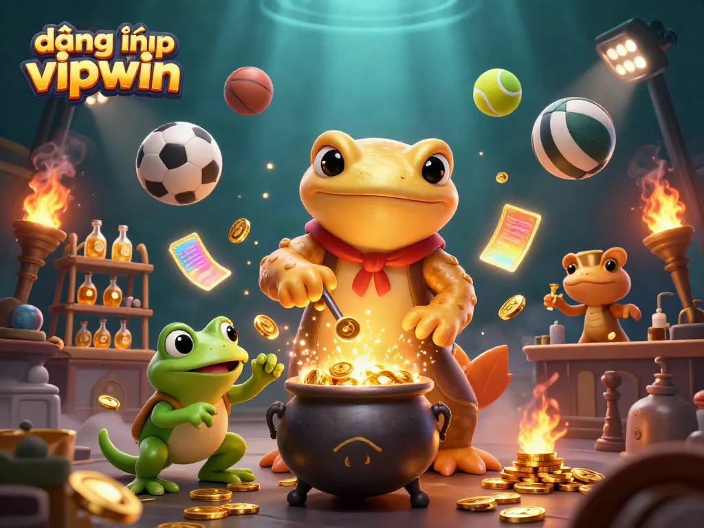 Engage in the excitement of đăng nhập vipwin with a vibrant 3D scene showcasing alchemical gold transformation in a dynamic gambling environment.
