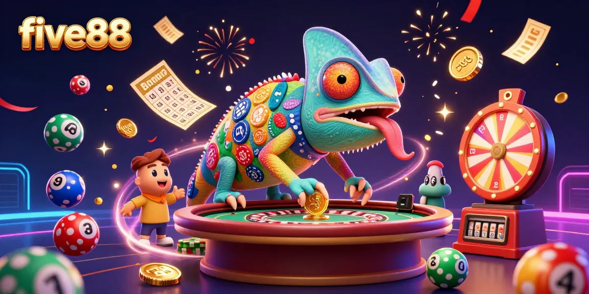 Experience the vibrant energy of five88's casino scene with colorful game elements and dynamic characters.