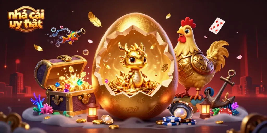 Engage with nhà cái uy tín featuring a golden dragon emerging from poker chips amid sparkling casino elements.