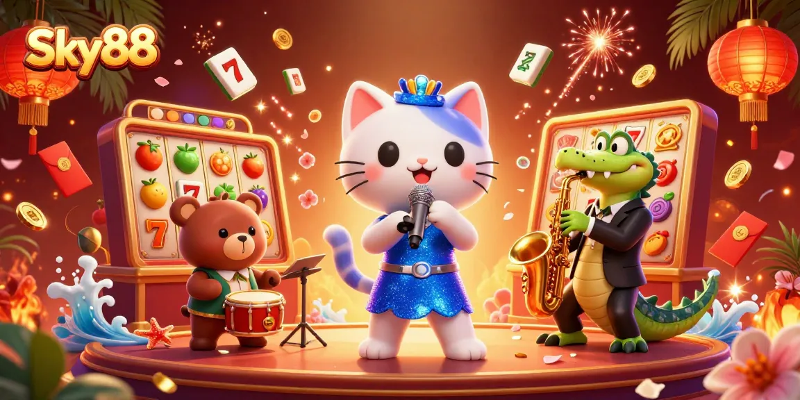 Experience the thrill of Sky88 with lively casino characters and vibrant symbols in a captivating digital scene.