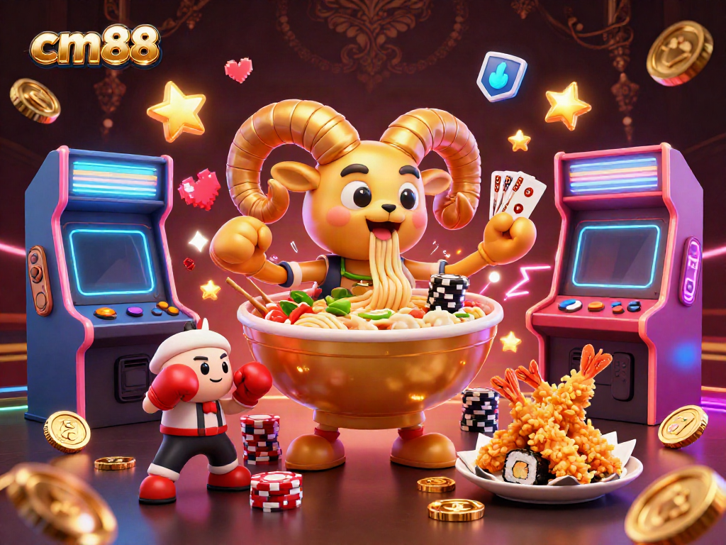 Experience the excitement of cm88 with a vibrant 3D illustration of a golden ramen bowl and casino-themed characters.