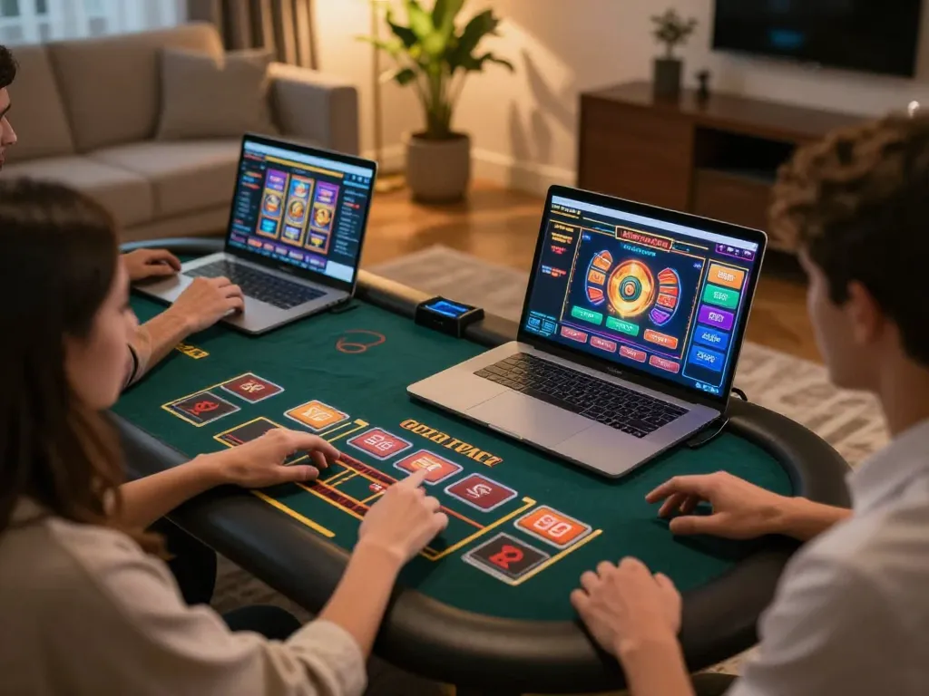 Experience king333 online gaming with players engaged on tablets and laptops in a cozy home setting