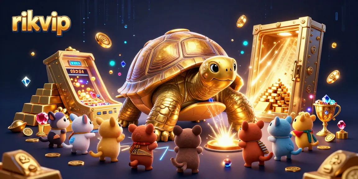 Experience the thrill of play at rikvip with a vibrant 3D illustration featuring exciting casino elements.