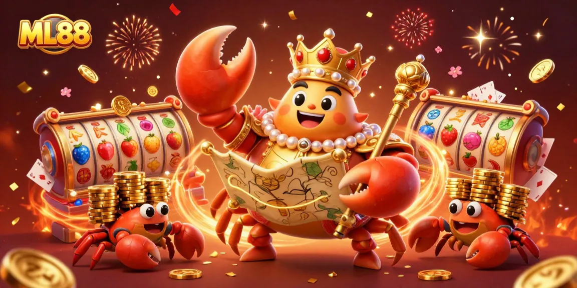 Engage with the vibrant ML88 casino scene featuring a golden crab emperor surrounded by spinning slot reels and poker cards.