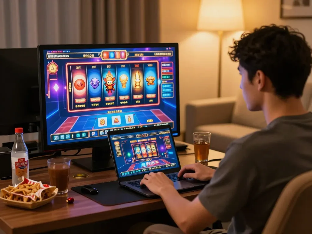 lc88 player engaging with online slot machine game at home, cozy atmosphere with snacks nearby