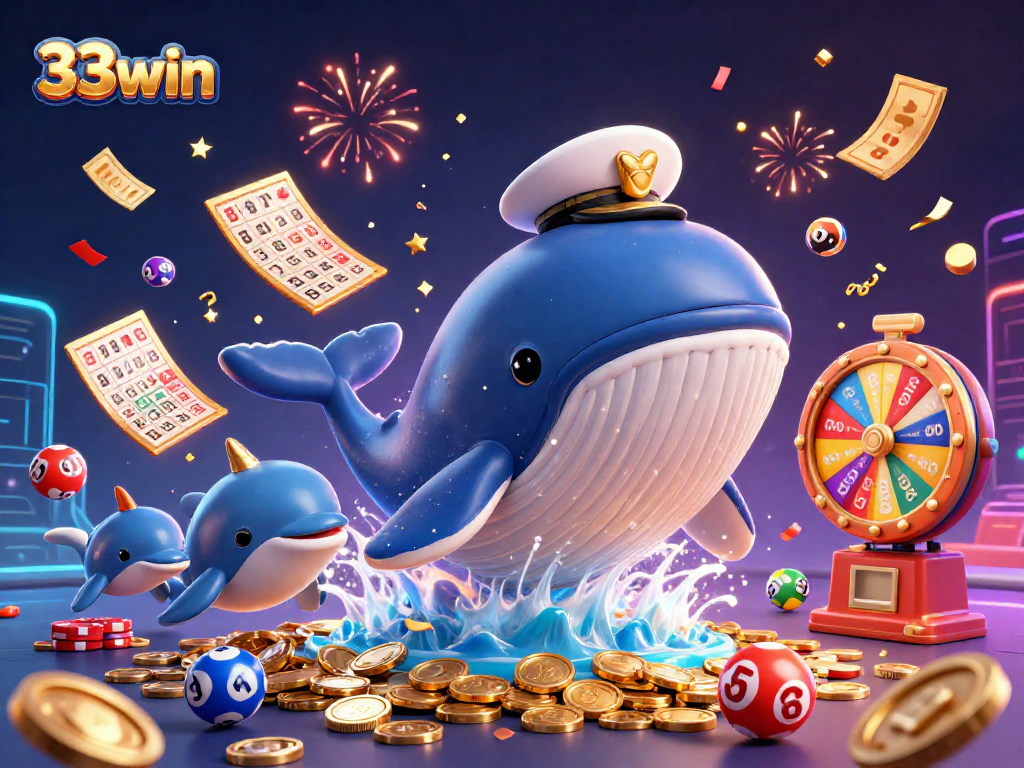 Join the excitement of 33win with a vibrant 3D illustration of a winning whale and playful dolphins!