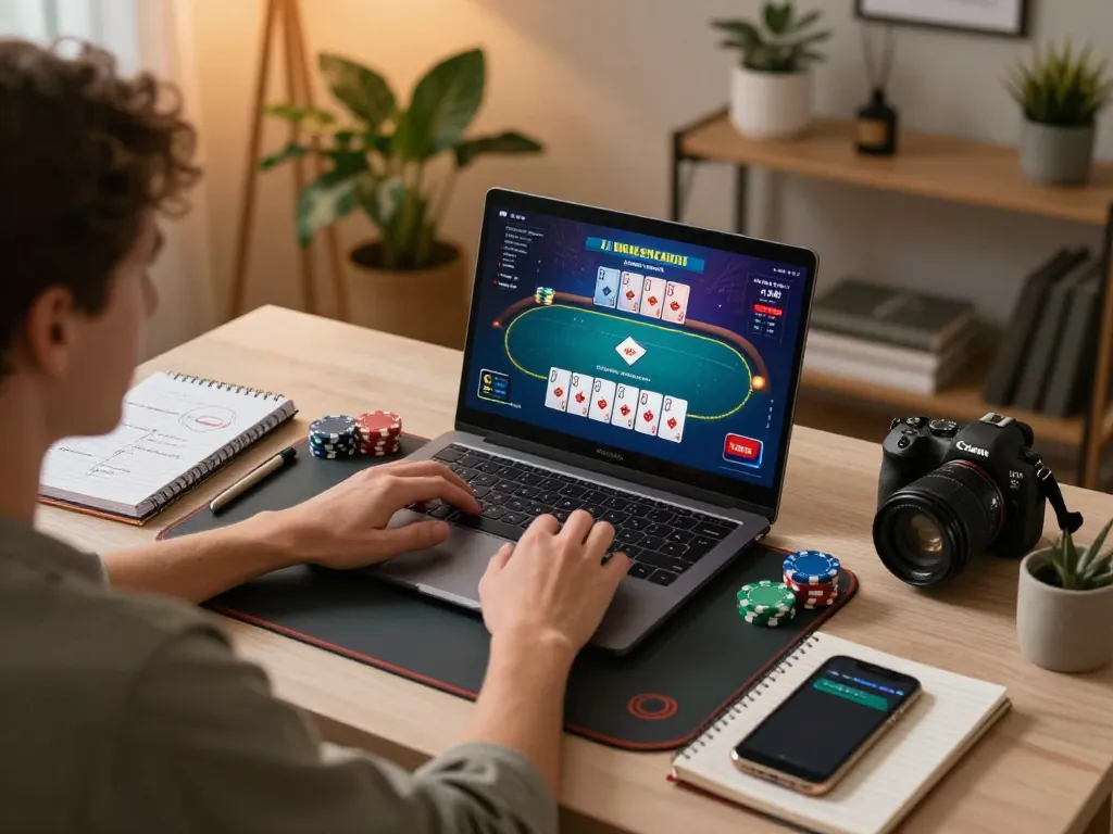 C168 player engaging in online poker from a home desk, showcasing vibrant gaming experience.