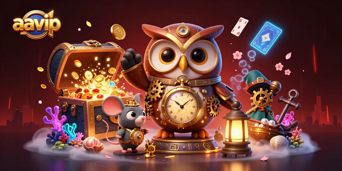 Aavip rewards players with exclusive bonuses, featuring steampunk owl among casino elements in a vibrant 3D scene.
