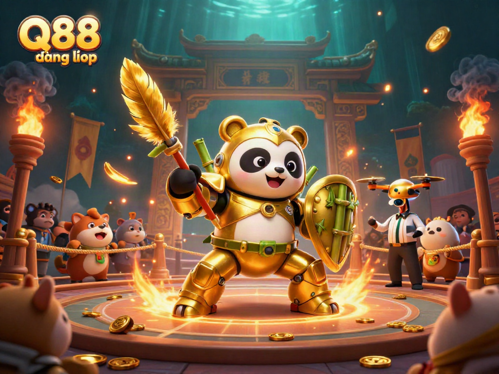 Experience the thrill of betting with the Q88 đăng nhập scene featuring a mech-suit panda in an exciting arena.