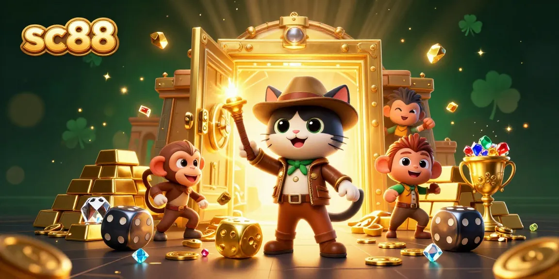 Experience thrilling jackpots at sc88, where an explorer cat celebrates with treasures and vibrant gems.
