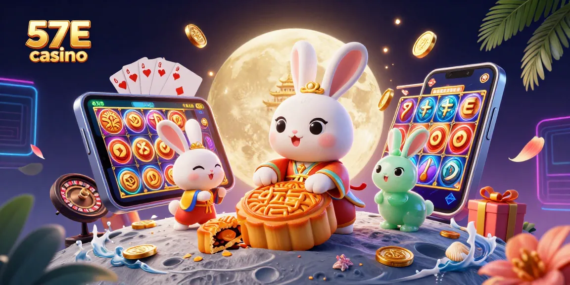 Spin and win with 57E casino in this vibrant 3D illustration, showcasing exciting games and golden rewards.