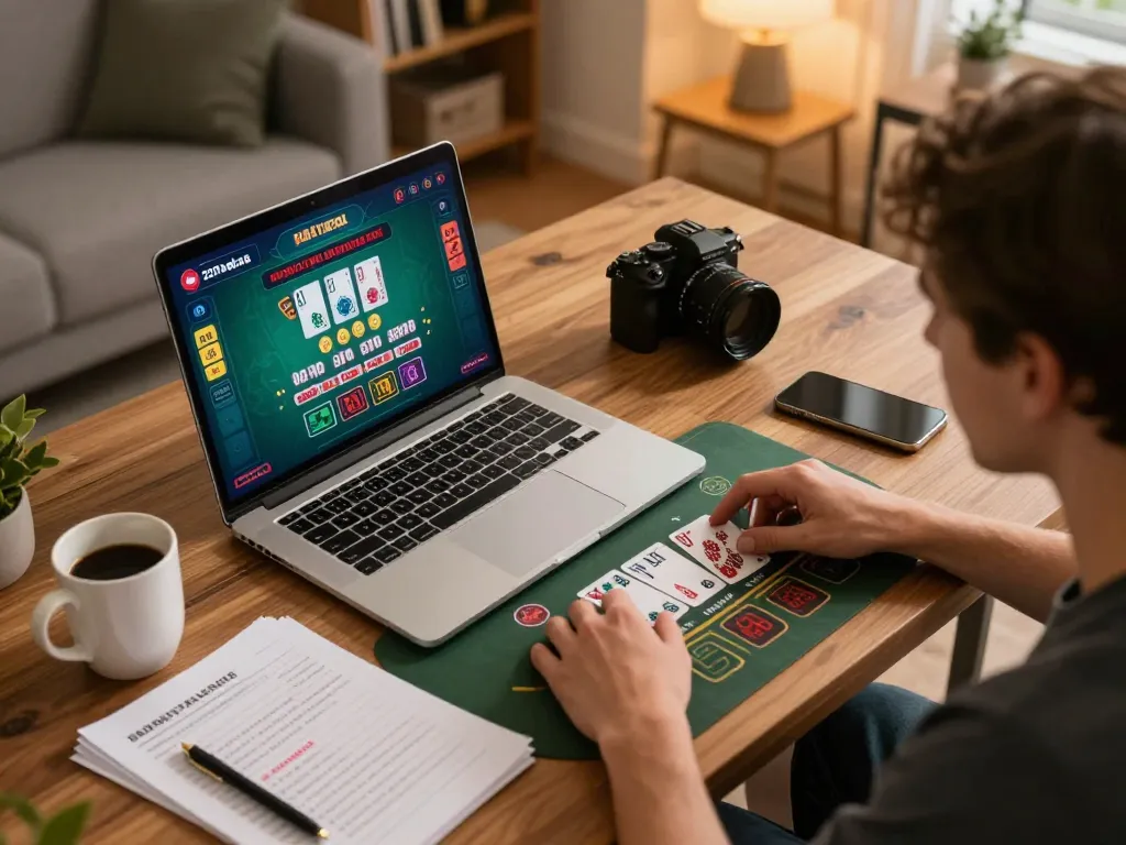 Player using the 22ff platform to engage in live dealer blackjack at home, showcasing strategic betting environment.